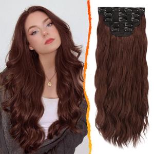 BARSDAR Chestnut Clip in Hair Extensions - 20 Inch Soft Wavy Clip in Hair Extensions for Women - 5PCs Thick Soft Synthetic Natural Looking Hairpieces Daily Party Halloween - Copper Chestnut