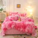 Faux Fur Plush Comforter Set King Size - Pink White Fluffy Fuzzy Shaggy Bedding Set - 3PC Microfiber Soft Warm Quilt Set