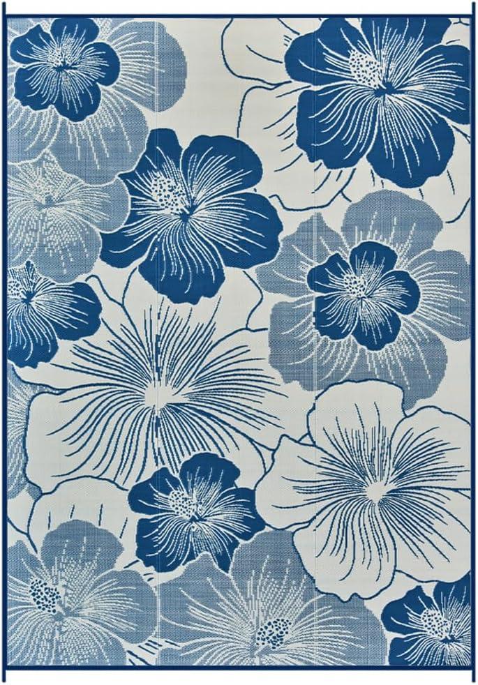 Waterproof Outdoor Rug 4x6 ft, Reversible Patio Rug, Outdoor Plastic Straw Rug with Flower Pattern, RV Mat, Outdoor Carpet for Patio, CampingBalcony, Deck, Backyard, Navy/Light Beige