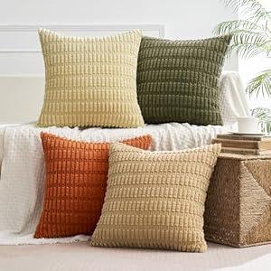 MIULEE Pack of 4 Boho Farmhouse Corduroy Decorative Throw Pillow Covers 16x16 Inch for Sofa Living Room Couch Bed Modern Retro Soft Striped Pillow Covers Home Decor Brown Green