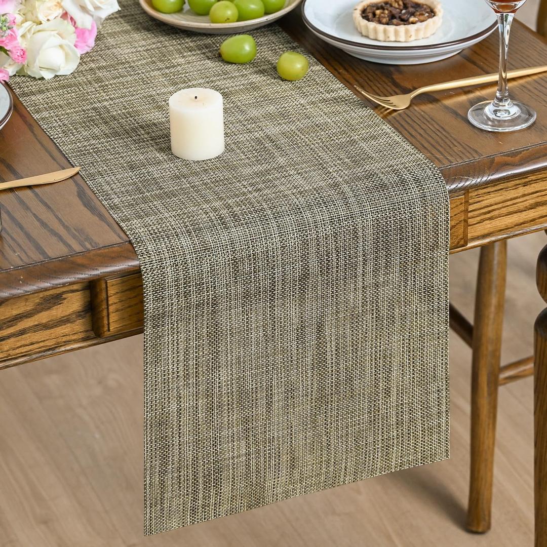 Artoid Mode Vinyl Table Runners, 12x60 Inch Wipeable Woven Plastic Arbitrarily Cropped Runner for Home Party Indoor Kitchen Dining Room Holiday Table Decoration,Brown