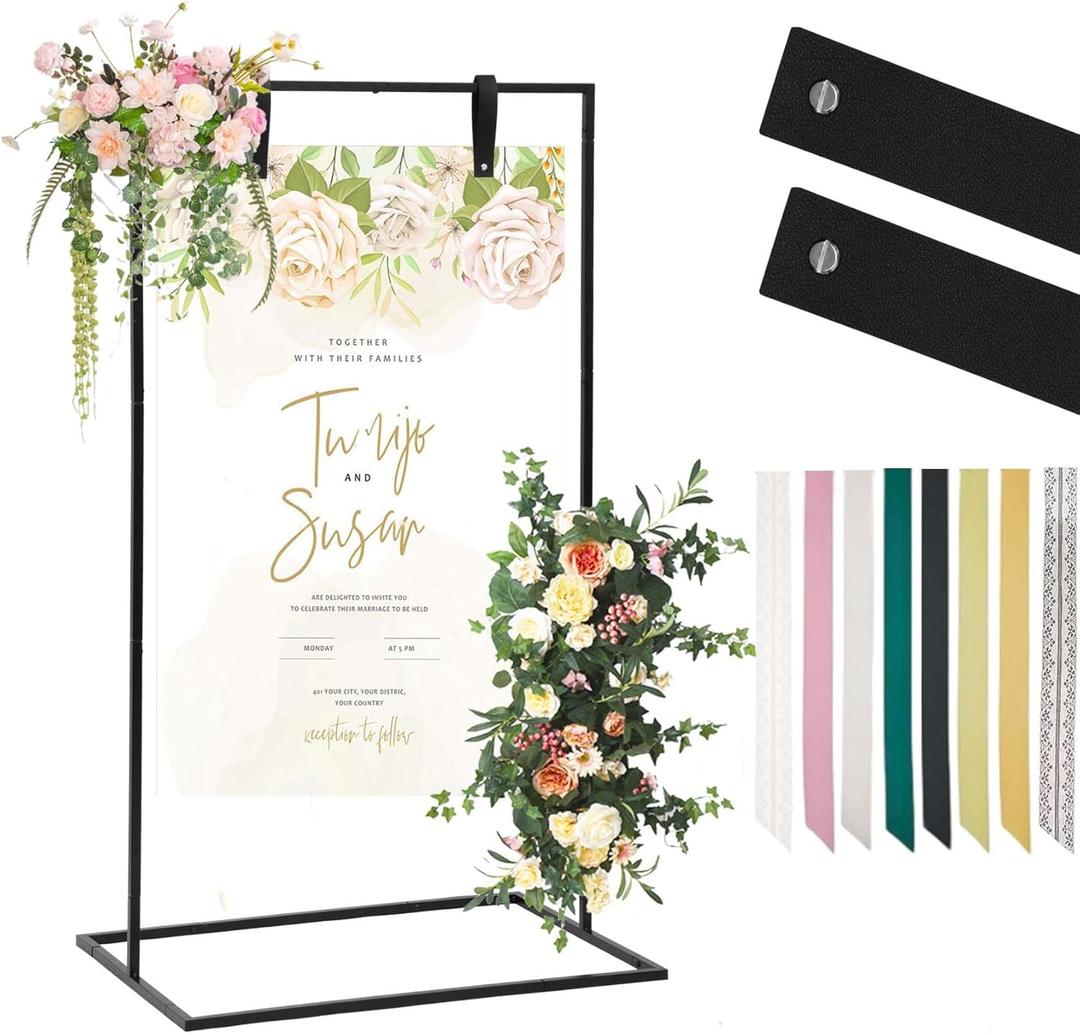 Wedding Welcome Sign Stand, Adjustable Versatile Wedding Sign Holder with 2 Leather Sign Hanging Straps for Party, Bridal Shower Signs