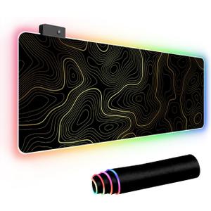 RGB Mouse Pad LED Desk Mat Large Gaming Mousepad Black and Gold Line Design, Keyboard Pad XL Mouse Mat for Home and Office (Black with Gold Topographic Line)