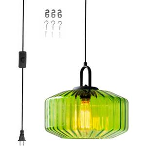 Plug in Pendant Light Green Glass Pendant Lamp Plug in Pendant Light Fixtures Mid Century Modern Hanging Lamp with Cord On/Off Switch Striped Glass Swag Light Dining Room Ceiling Lamp