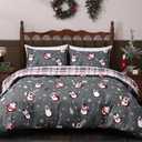 Sunshin Christmas Duvet Cover Set Queen Size 3 Pieces Penguin Snowflakes Xmas Tree Bedding Set Grey Reversible Plaid Comforter Set with Zipper Closure (1 Duvet Cover, 2 Pillow Shams)