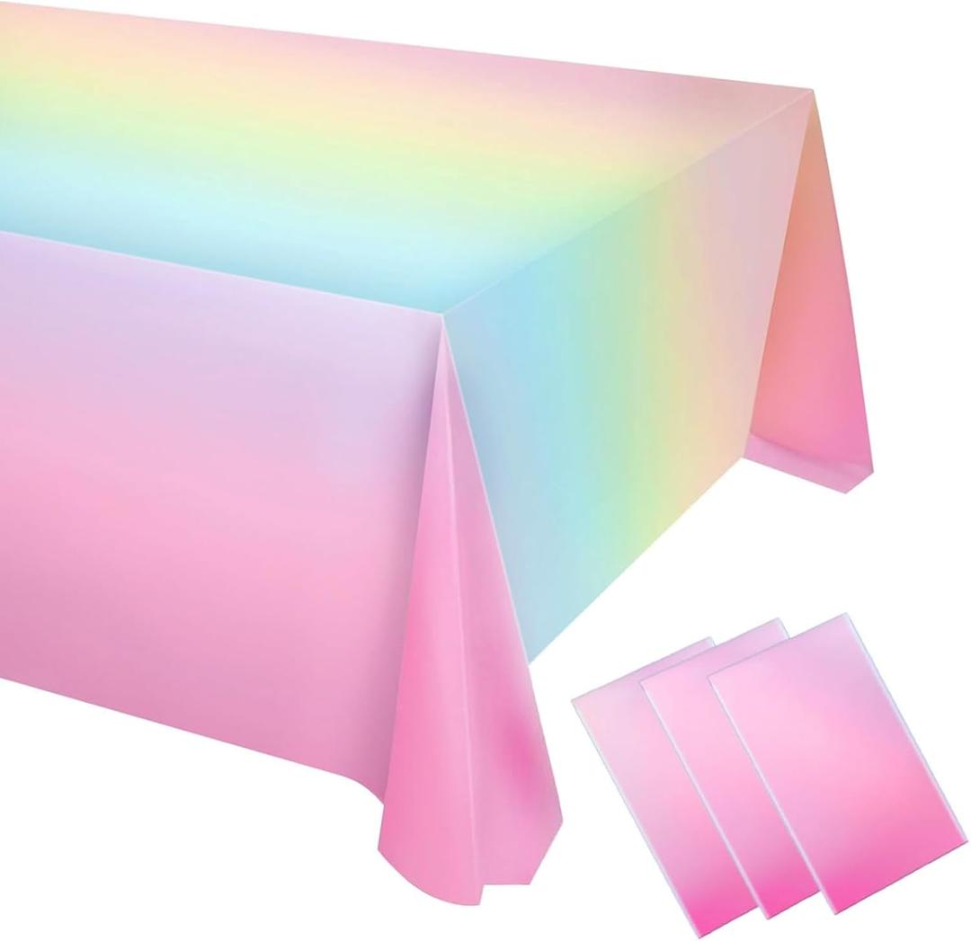 mwellewm 3 Pcs Rainbow Tablecloths Rectangular Plastic Table Cloth Disposable Pastel Table Cloths for Parties Decorations Party Supplies Table Cover for Birthday Baby Shower Wedding Princess 54x108in