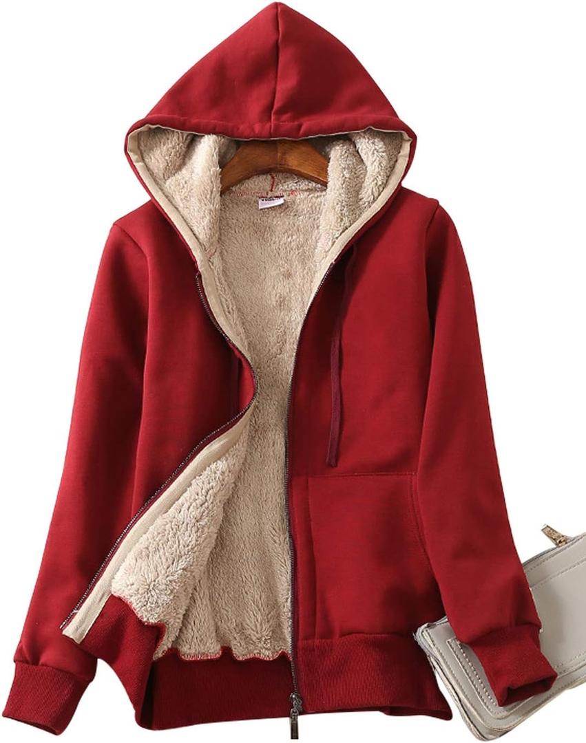 Yeokou Women's Casual Full Zip Up Sherpa Lined Hoodie Sweatshirt Jacket Coat (XX-Large, Winered)