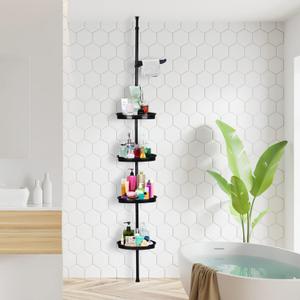 LinTimes Corner Shower Caddy Tension Pole -4-Tier Rustproof Standing Bathroom Shower Organizer Shelves with Quick Install for Bathtub Shampoo Accessories Storage, 39 to 113 Inches Adjustable - Black