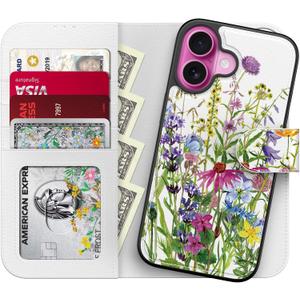 LUHOURI for iPhone 16 Plus Case Wallet - Wireless Charging Compatible Detachable Flip Folio Leather Cover - RFID Blocking 4 Card Slots - Protective Phone Case for Women - Vintage Magnolia Flowers