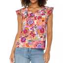 Floral Print V-Neck Flutter Sleeve Shirt, L