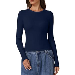 QINSEN Cotton Long Sleeve Shirts for Women Crewneck Rib Knit Slim Fit Going Out Tops Casual Basic Tee
Navy Blue, L