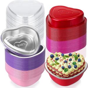 Fovths 72 Pieces Heart Shaped Cake Pans 23 Ounce Aluminum Foil Heart Shaped Cupcake Pans with Lids Disposable Extra Large Dessert Flan Baking Cups for Valentine Cooking, Red, Purple, Pink and Hot Pink