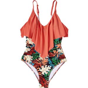 SUUKSESS Women Slimming Ruffle One Piece Swimsuits Ruched Tummy Control Bathing Suits (Small,  Coral Pink Leaf) 