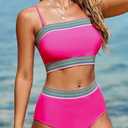 Herseas Women's Color Block Bikini Set 2025 Strapless Bandeau High Cut Padded Stripe High Waist Two Piece Bathing Suit Rose Red XX-Large 