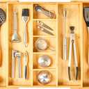 Umilife Extra Large Expandable Kitchen Drawer Organizer for Utensil and Junk, 19" Deep for Big Drawer, 17" to 28" Adjustable Bamboo Wood Drawer Divider, Cutlery Tray, Flatware Holder