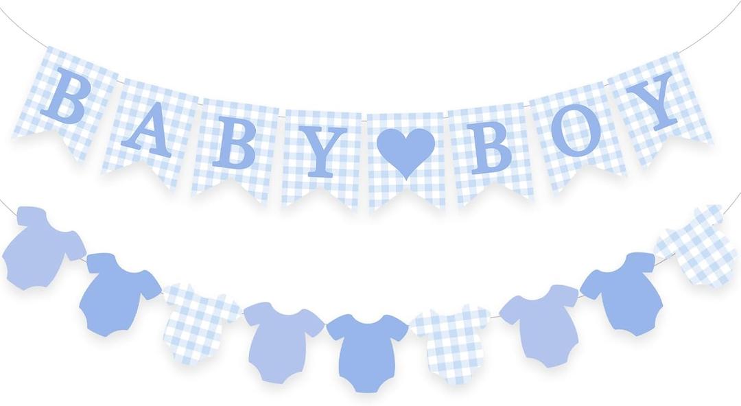Blue Gingham Baby Banner Boy Plaid Welcome Baby Shower Sign Decoration Clothesline Onesie Garlands Gender Reveal Party Supplies