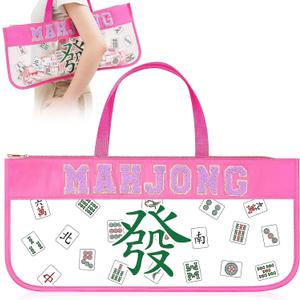 1 Pcs Mahjong Tile Bag Empty, 20.9 x 9.45 Inch Pink PVC Clear American Mahjong Bag for Tiles and Racks, with Handles, Zippered and Letters, Card Holder Storage for Game Lover Gift Travel, Case Only