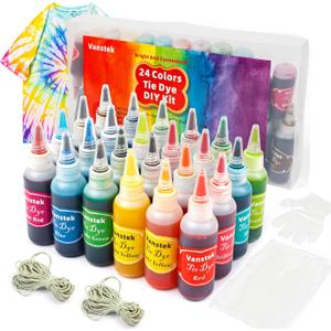 Vanstek Tie Dye Kit, 24 Colors Tie Dye Shirt DIY Fabric Dye for Women, Kids, Men, with Rubber Bands, Gloves, Plastic Film and Table Covers for Family Friends Group Party Supplies