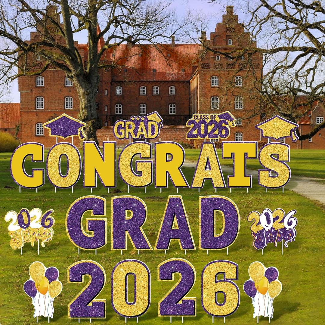 ANVAVO 2026 Congrats Grad Yard Signs Graduation Waterproof Decorations Graduation Yard Sign Decorations Grad Party Outdoor Lawn Decor with Stakes, Purple and Gold