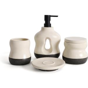 BosilunLife Bathroom Accessories Set of 4 - Beige Bathroom Countet Soap Set Bathroom Decor Bathroom Lotion Soap Dispenser Sets Toothbrush Holder and Soap Dispenser, Soap Dish, Apothecary Jar