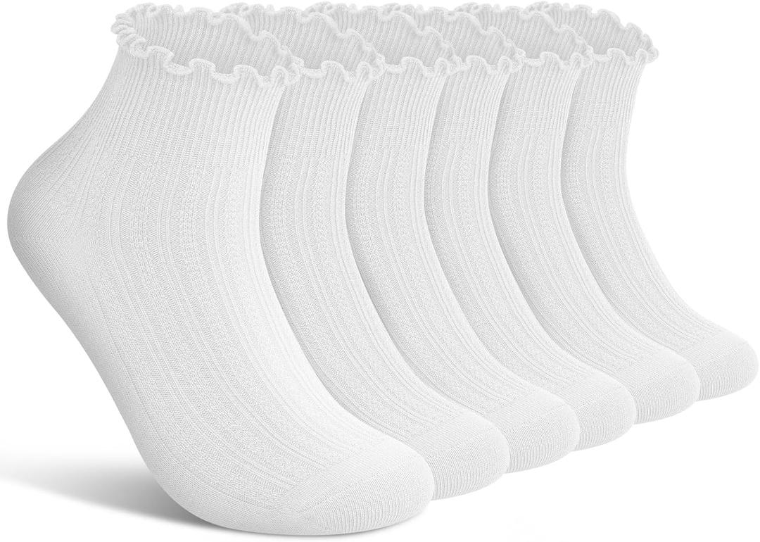 wernies Ruffle Socks Womens 6 Pairs, Cute Ankle Lettuce Edge Frilly Athletic White Crew Socks 5-8.5