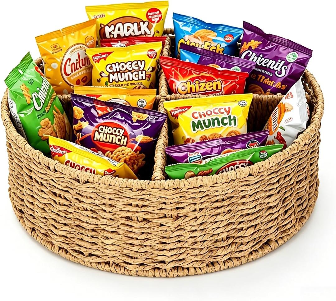Snack Bar Organizer,Snack Organizer for Pantry Shelf with 4-Compartment Dividers,Rattan Removable Partition Pantry Snacks Organizers and Storage Bin for Storing Chips,Cookies,Popcorn and More