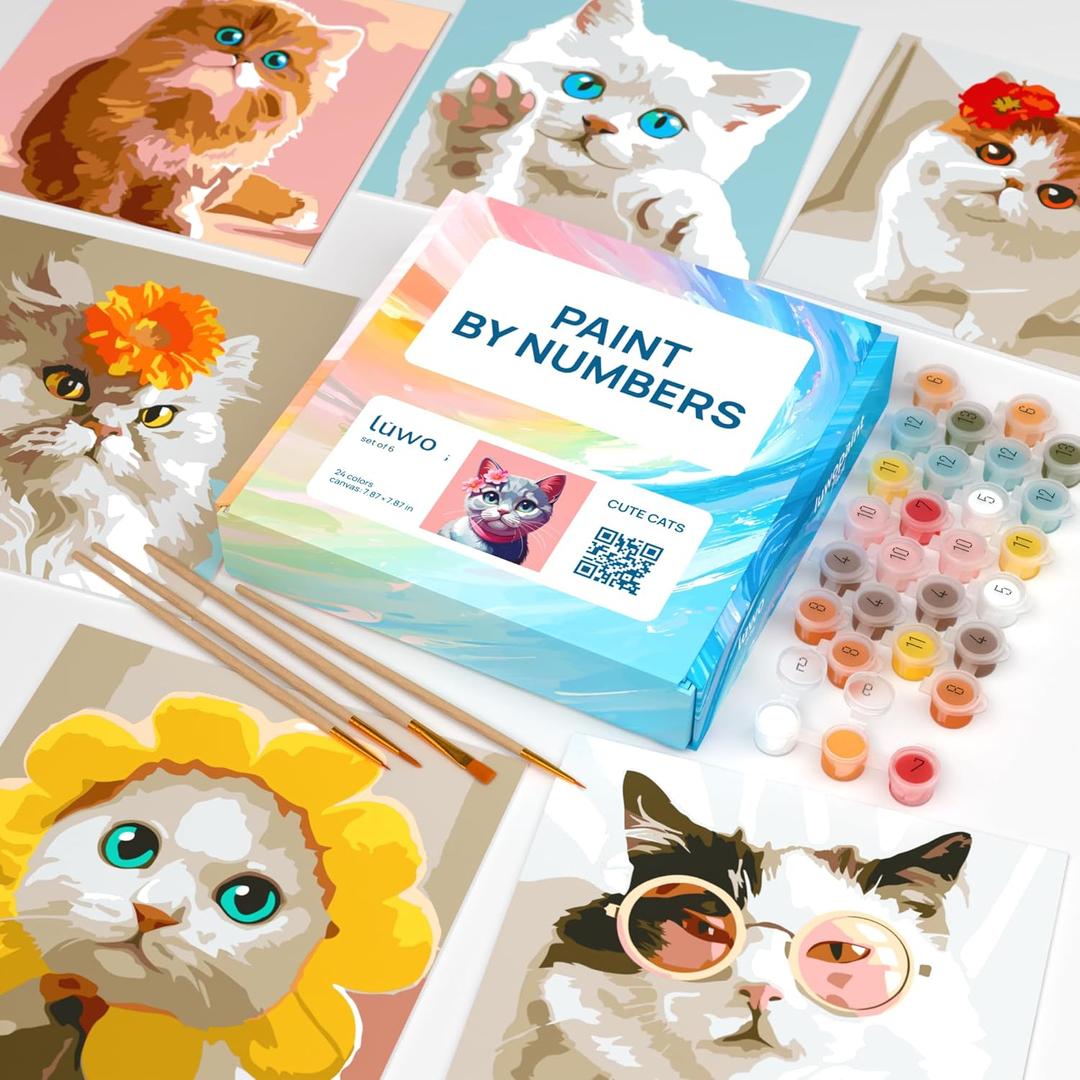 LuwoArte 6 Pack Paint by Numbers Kit for Adults  Cute Cats  Fun Paint by Numbers for Adults Beginners  DIY Adult Paint by Number Kit  Relaxing Home Wall Art Painting Gift Set  7.87 x 7.87 inch