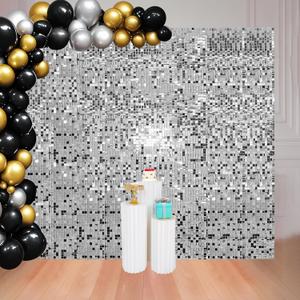 8x8 FT Silver Shimmer Wall Backdrop for Party Decoration - 64 Pcs Square Sequin Backdrop Panels for Birthday, Disco, Engagements, Graduations Decor