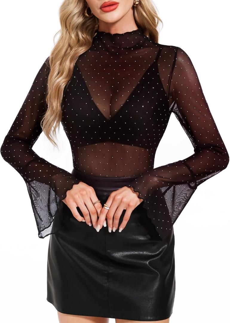 BBX Lephsnt Women Mesh Tops Rhinestone Tops Long Sleeve Sheer Blouse See Through Shirt Sparkle Glitter Shirts Lace Tops (Black, L)