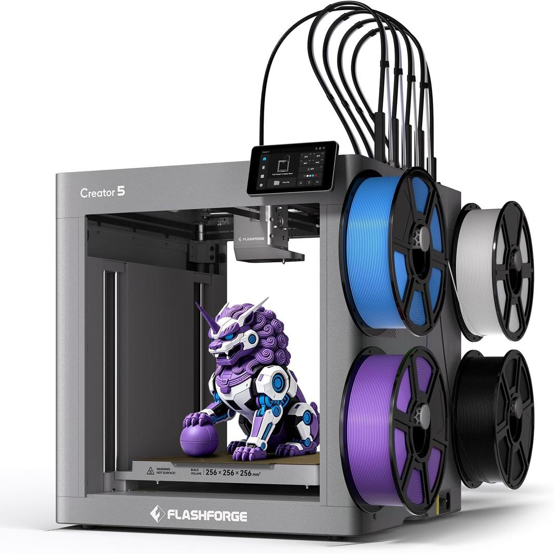FLASHFORGE Creator 5 3D Printer, 4 Toolheads 7S Toolchanger Multi-Filament Printing, CoreXY 600mm/s 5X Faster Color Switch, Near-Zero Waste System, Auto Bed Leveling, Smart Extrusion Stunning Results