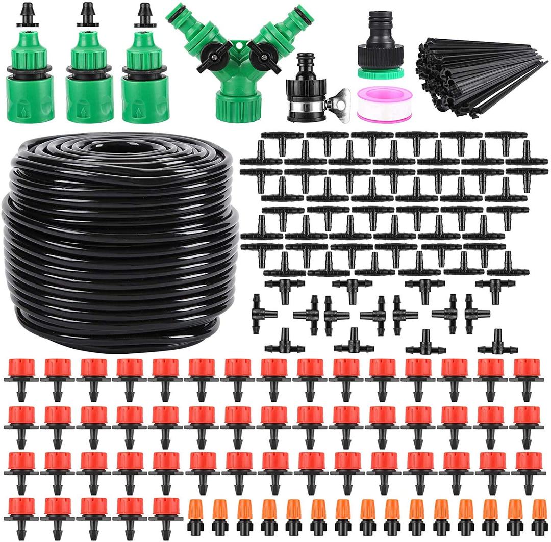 Garden Automatic Irrigation System 164FT 200 Pack Drip Irrigation Kit 1/4" Blank Distribution Tubing Watering Drip Kit Automatic Irrigation Equipment for Garden,Patio,Greenhouse, Flower Bed,Lawn