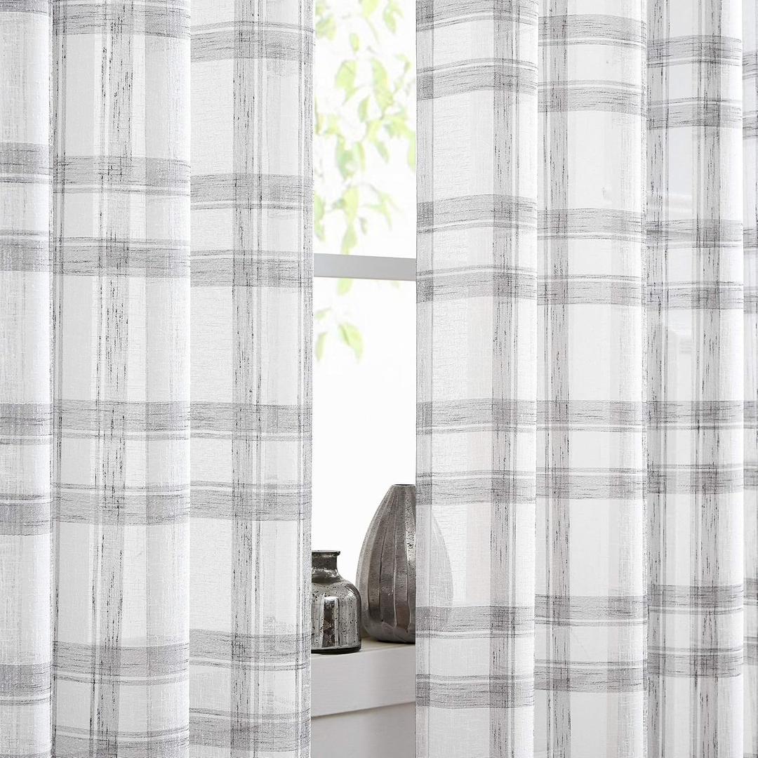 Randall White Grey Window Curtain Panel Pairs 54 Inches Long for Living Room Linen Blend Semi Sheers Grommets Top Rustic Farmhouse Style Window Treatment Drape Sets for Bedroom 54"x54"x2, Grey/White