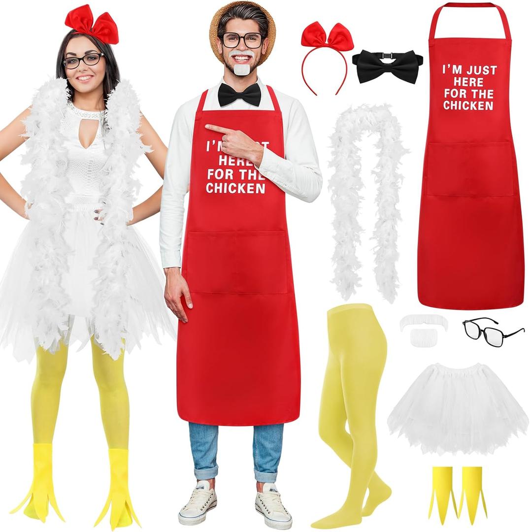 Xtinmee 2 Sets Funny Halloween Fried Chicken Couple Costume White Suit Chef and Funny Chicken Costume Set for Adult Men Women