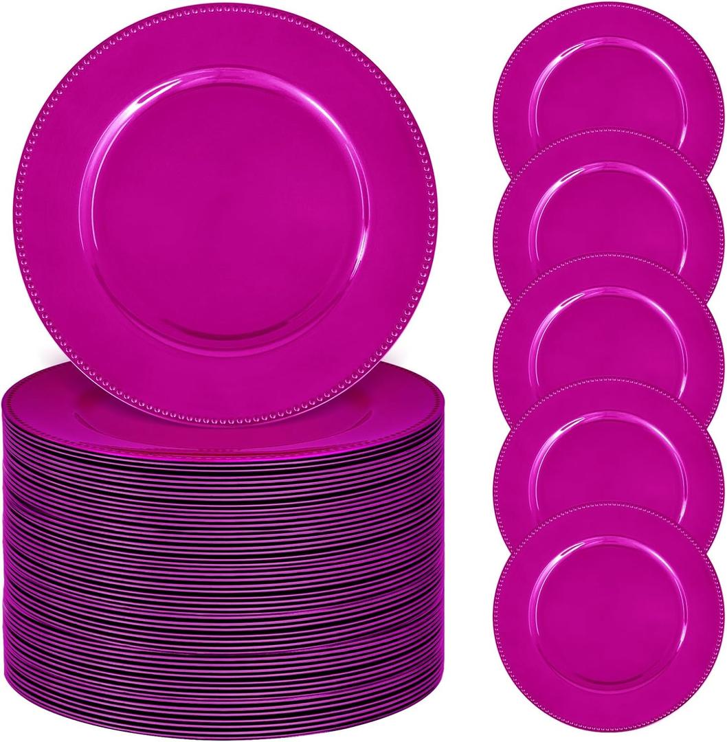 50 Pcs Hot Pink Charger Plates Bulk, 13" Round Beaded Plate Chargers, Decorative Dinner Chargers Plastic Table Charger for Wedding Holiday Party Baby Shower Event Decoration, Hot Pink