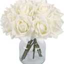 White Roses Artificial Flowers, Real Touch Faux Roses with Stems for Wedding Party Home Table Centerpieces Decoration (White)