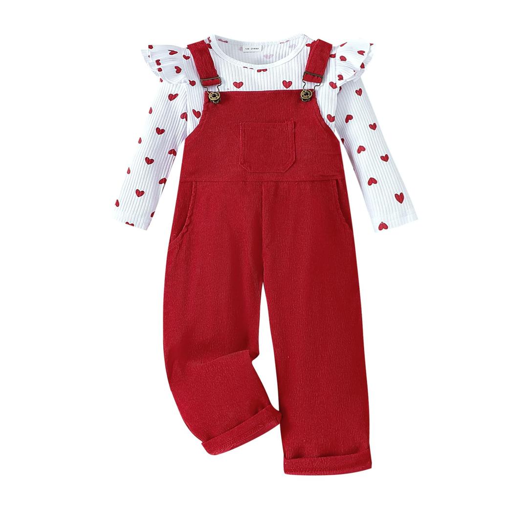 Noubeau Toddler Baby Girl Valentines Clothes Ruffled Sleeves Top Heart Bell Bottoms Flared Overalls Suspender Pants Set (Pink, 18-24 Months)