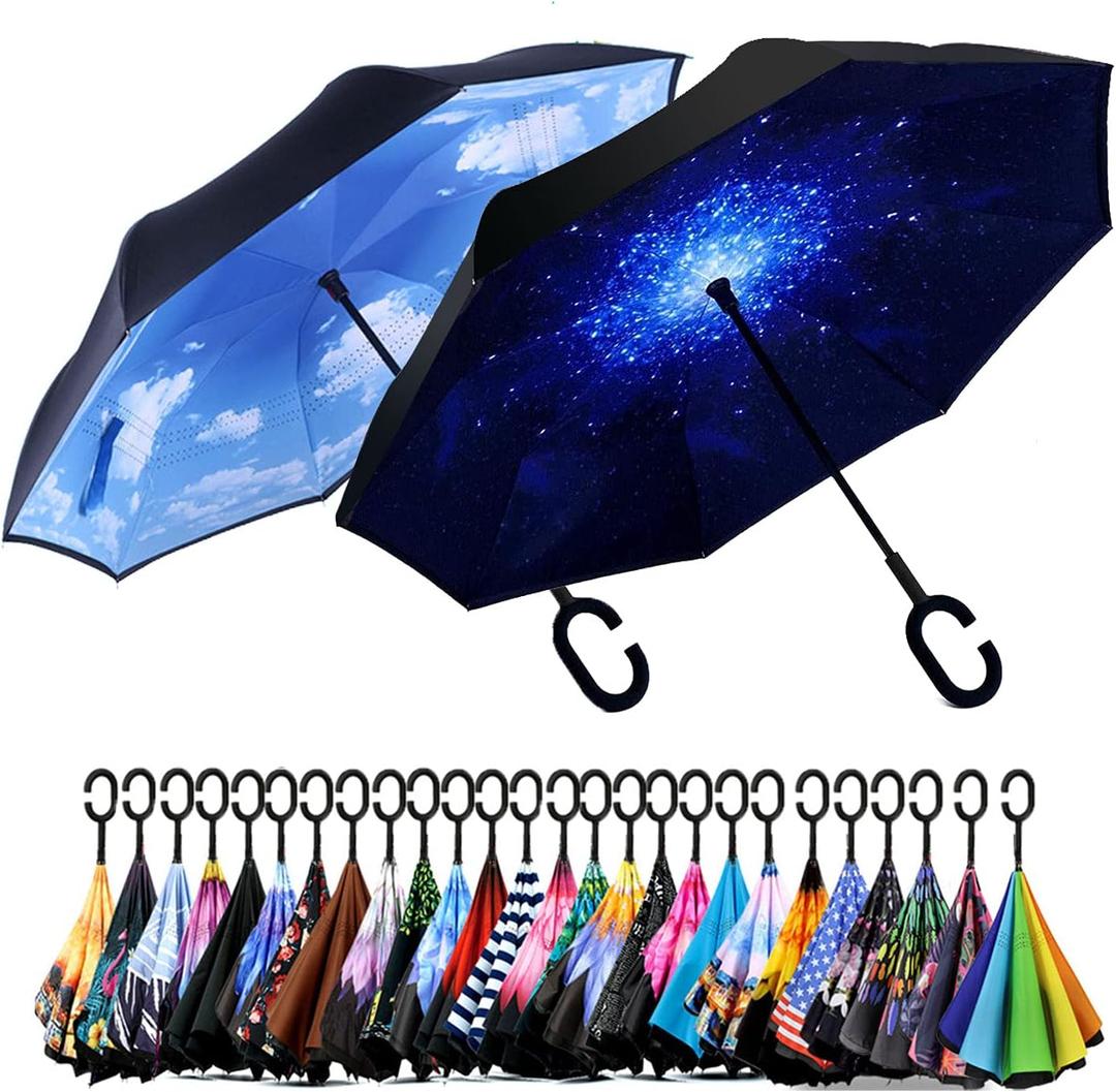 SIEPASA 49/56 Inch Inverted Reverse Upside Down Umbrella, Extra Large Double Canopy Vented Windproof Waterproof Stick Golf Umbrellas with C-shape Handle.
 (2 Pack)