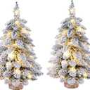 2 Pcs Prelit Tabletop Christmas Tree Snow Flocked Christmas Tree with Led Lights Wood Base Mini Xmas Pine Tree for Table Desk Home Christmas Decor
