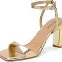 Reitoye Womens Heels Square Open Toe Chunky High Heels Strappy Ankle Strap Heeled Sandals for Women Dress Party Wedding (10, Gold)