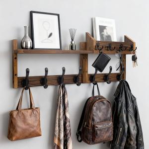 Wall Mounted Coat Rack with Shelf, 4 in 1 Coat Entryway Coat Hanger with 11 Metal Hooks, Wall Mount Key Holder, Organizer for Hallway, Bedroom, Kitchen, Bathroom, Living Room, Rustic Brown29"