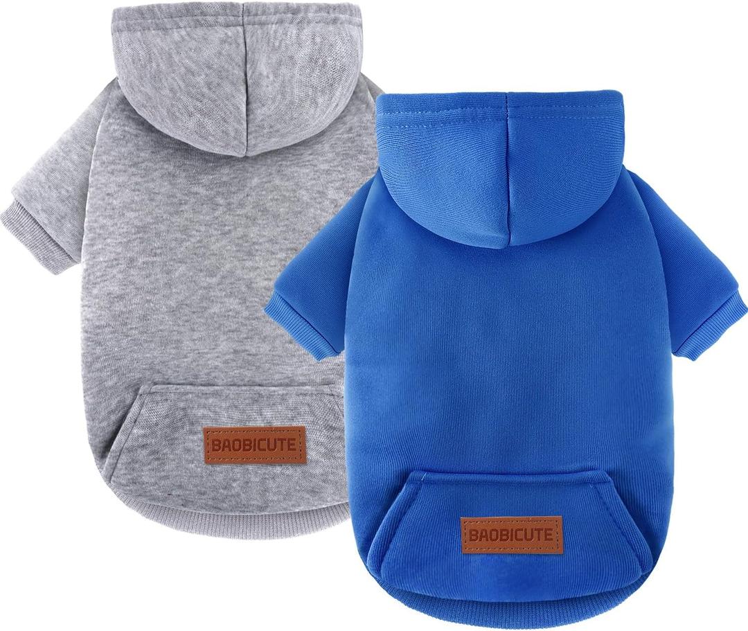 2 Pack Dog Hoodie Warm Hood Dog Sweater Cold Weather Small Dogs Sweatshirt Comfort Pet Clothes for Dogs with Pockets Cats Chihuahua Clothes for Male Female Girl Boy Sporty Daily Wear (XXS (Back: 5.9", Chest: 10.6"), Dark Blue+Grey)