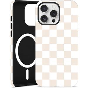 Compatible with MagSafe Checkered Phone Case for iPhone 13 Pro Max, Magnetic Cute Aesthetic Checkerboard Soft TPU and Hard PC Shockproof Protective Phone Cover for Women Girls-Beige