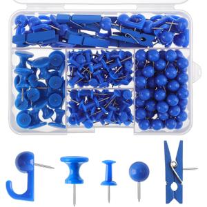 200 Pieces Push Pins Set, 5 Types Blue Thumb Tacks Cute Decorative Push Pins for Wall Cork Board Bulletin Boards with Storage Box
