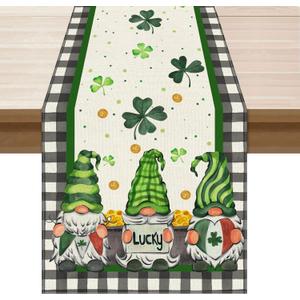 XCHI Plaid Gnomes Shamrocks Clovers Golds St. Patrick's Day Table Runner Table Decoration for Party Home Kitchen Dining Holiday Decor 13x60 Inch