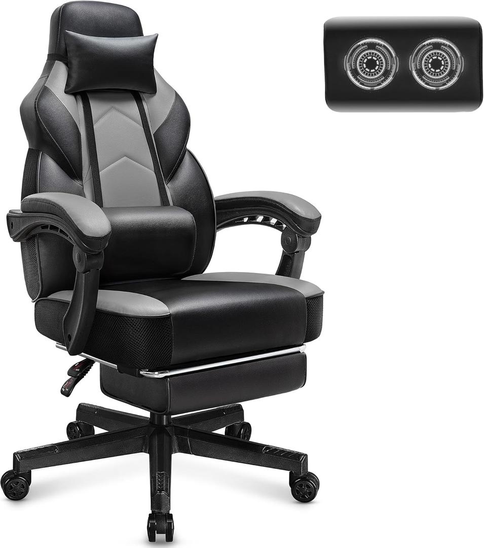 Meilocar Gaming Chair for Adult, Computer Chair with Footrest Video Game Chair Big and Tall Gaming Chair with Massage Lumbar Support, Adjustable Height and 360 Swivel Seat(Grey)