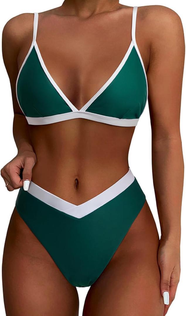 SUUKSESS Women Triangle High Cut Bikini Sets Sexy High Waisted 2 Piece Swimsuit (Medium, 57 Green White)