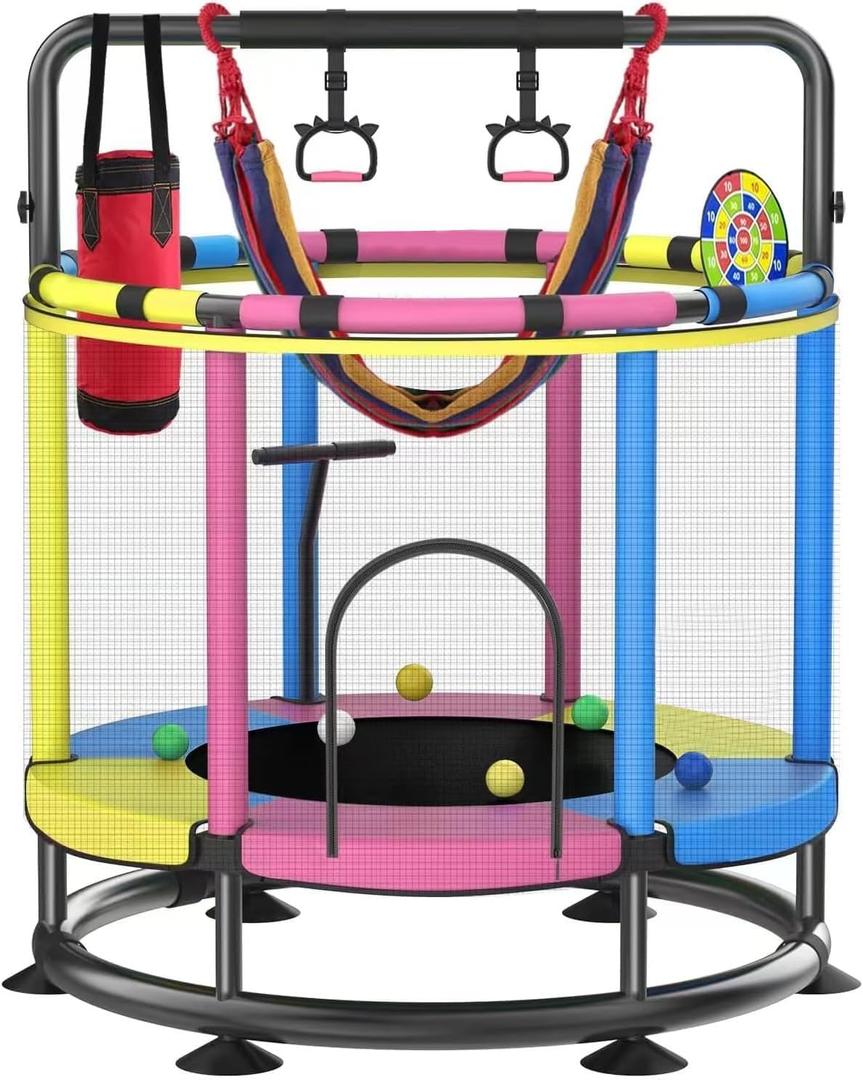 Trampoline for Kids, Full Anti-Rust 440lbs Anti-Rollover Round Bottom Toddler Trampoline, T-handrail Adjustable Baby Toddler Trampolines Dart Board