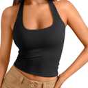 Trendy Queen Halter Tops for Women 2025 Summer Going Out Tops Backless Crop Sleeveless Workout Shirts Cute Y2k Clothes (Large, Black)