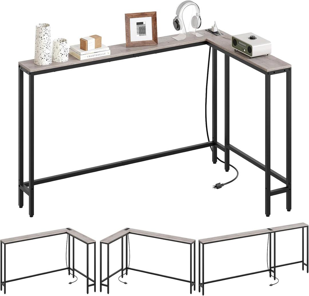 Narrow Console Table with Outlets, 70.9" Sofa Table Narrow Long, L Shaped Behind Couch Entryway Table with Charging Station, for Living Room, Hallway, 3 Assembly Options, Greige CT07UBG