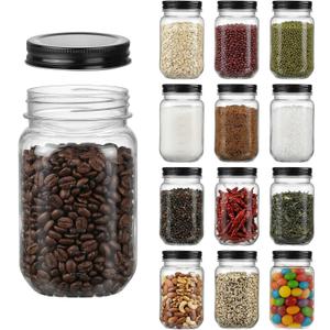 novelinks Plastic Jars with Lids 16oz, Clear 16 oz Mason Jars with Lids, Airtight & Leak-Proof Reusable Storage Jars for Kitchen and Home Use (Black,12 Pack)